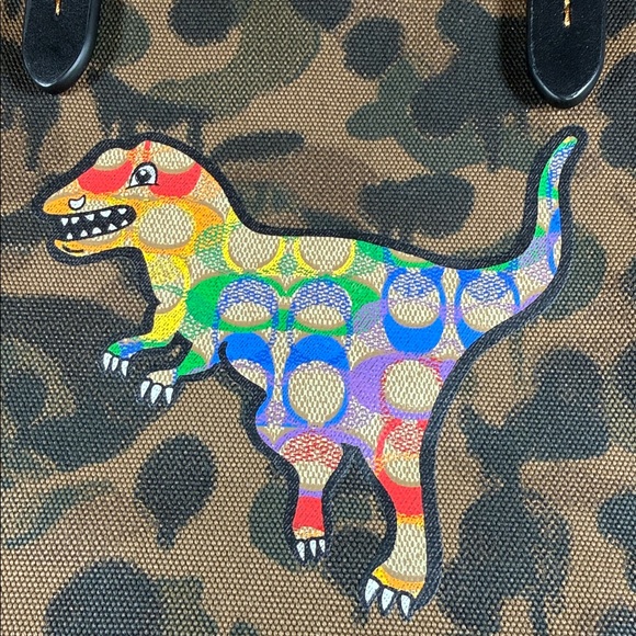 Coach Rexy Brown Camo Print Tote with Multicolor Pride Dinosaur Patch - Picture 2 of 11
